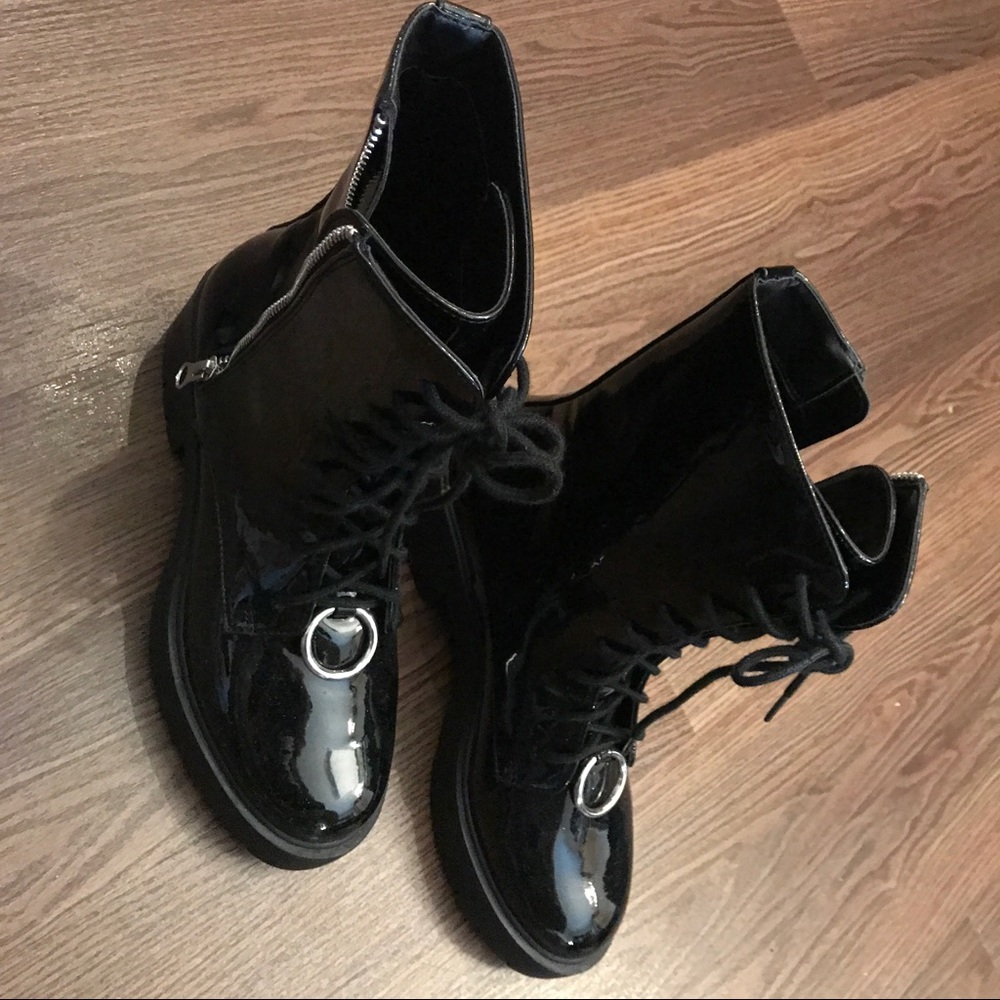 Faux patent leather combat boots